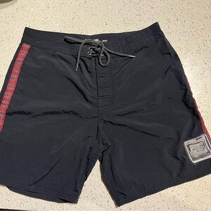 RVCA Black Swim Board Shorts with Red Plaid Side Stripes